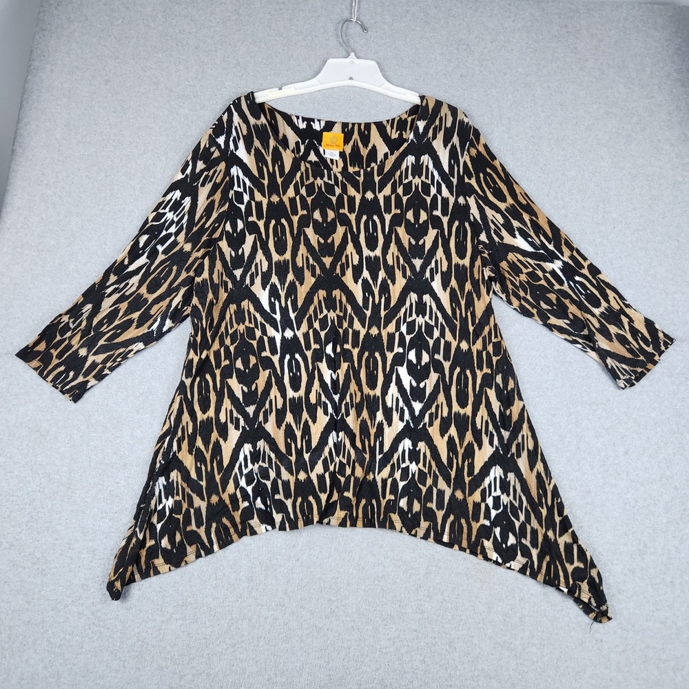 Ruby Rd Tunic Women XL Black Ikat Tribal Rayon Stretch Chic Asymmetrical Hem